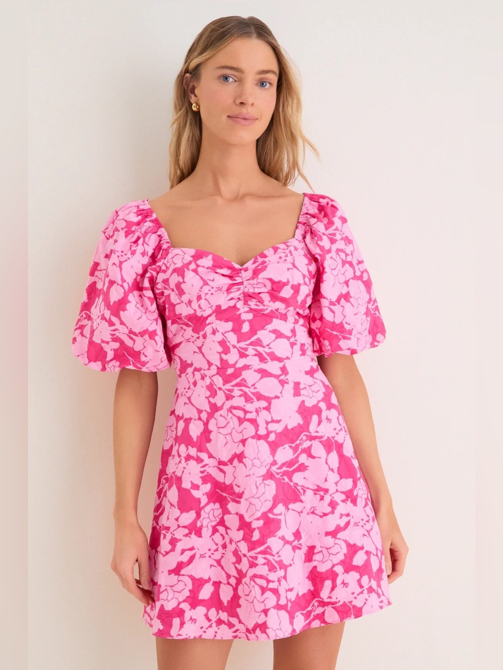 Tuckernuck Hyacinth House Pink Floral Puff-Sleeve Mini Dress with Tie Back